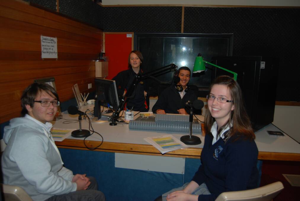 On air: Katoomba High School students Darkon Cain, Ben Scott-Smith, Jayson Gardner and Irene Kirpichnikov in the RBM FM radio studio.