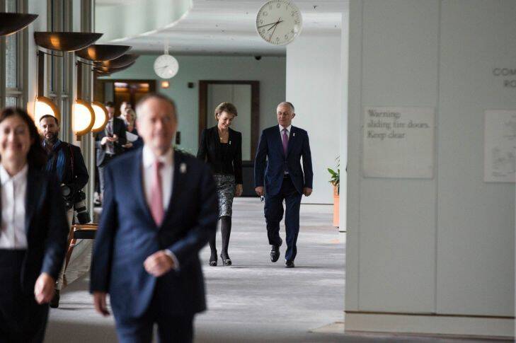 Prime Minister Malcolm Turnbull and Minister for Women Michaelia Cash walk behind Opposition Leader Bill Shorten and Terri Butler MP to the White Ribbon Breakfast in Parliament House in Canberra on the 4th of December 2017. Fedpol. Photo: Dominic Lorrimer