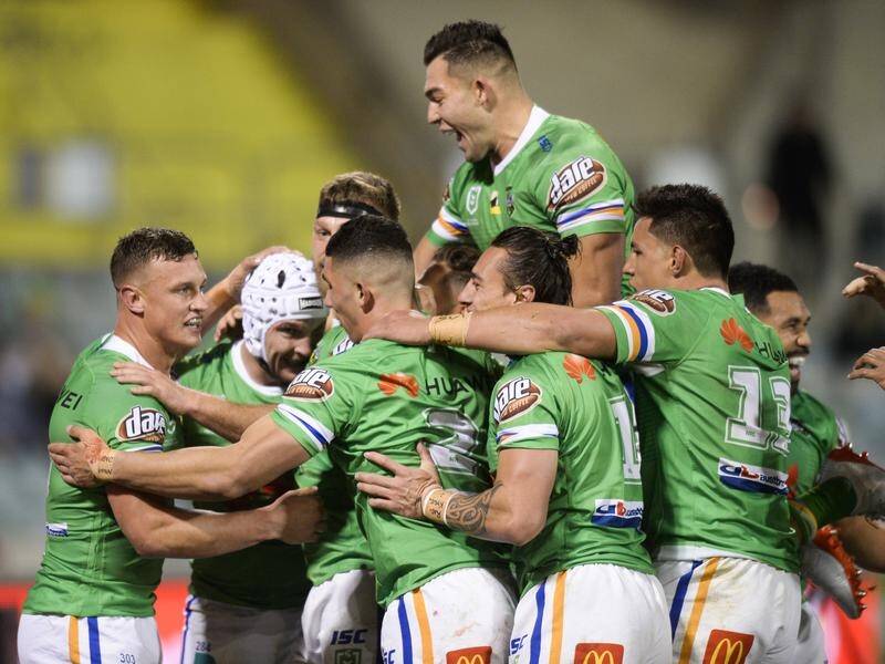 The Raiders celebrate a try from Jarrod Croker in their NRL win over Cronulla.