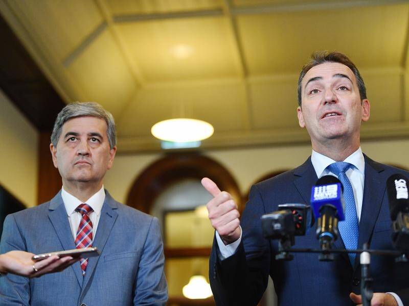South Australian Premier Steven Marshall (R) and Treasurer Rob Lucas introduce new fees for 2020/21.