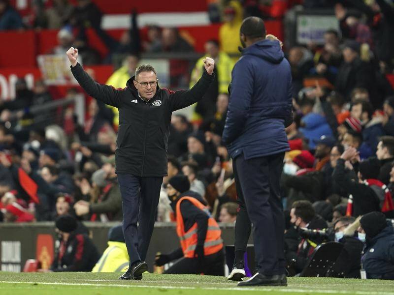 Manchester United's new manager Ralf Rangnick celebrates his first win in charge.