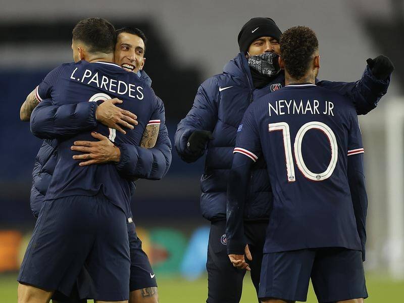 PSG players celebrate eliminating holders Bayern Munich from this season's Champions League.