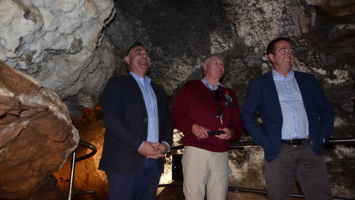FUNDING ANNOUNCEMENT: NSW Deputy Premier John Barilaro and Bathurst MP Paul Toole on a guided tour of one of the caves following the announcement. Pictures: KIRSTY HORTON. 
