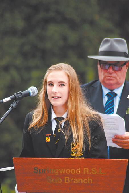 WInmalee High School captain Maddy Antrum addresses the Anzac Day service in Springwood.