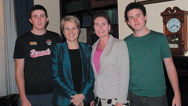 Deputy opposition leader Tanya Plibersek with ALP-endorsed candidate for the Blue Mountains, Trish Doyle, with Trish's sons Patrick and Tom.