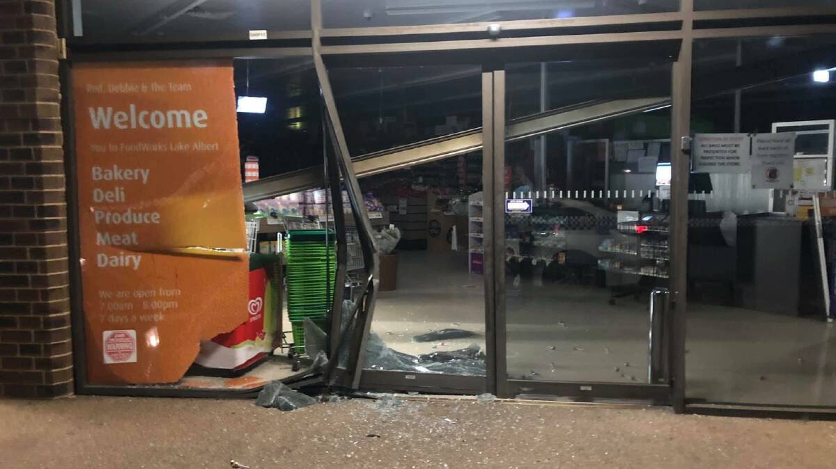 A vehicle drove into the front glass of the Lake Albert Foodworks before getting away with stolen goods. Picture: Contributed