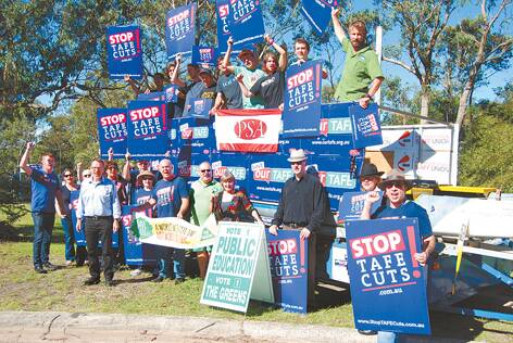 Students and union reps with Greens MP John Kaye protesting outside Blue Mountains TAFE at Wentworth Falls on Friday.