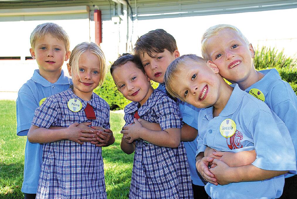First day excitement: Twins Anton and Nina Mimica, Zoe and Jed Ackman, and Jacob and Samuel Partington started their first day of school at Wentworth Falls Public last Thursday.