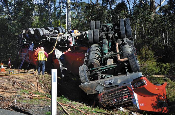 The scene at Sunday morning's truck crash near Medlow Bath. Driver fatigue is  suspected as a possible cause of the smash. Photo: Len Ashworth, Lithgow Mercury.