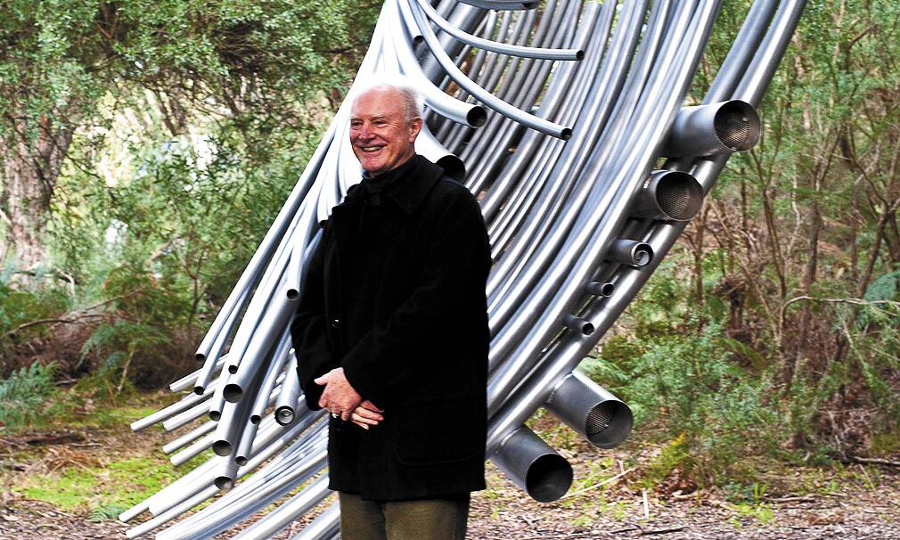 Wentworth Falls sculptor Terrance Plowright with 'Soundscape'. It  won the prestigious McClelland Sculpture Survey People's Choice Award last month.